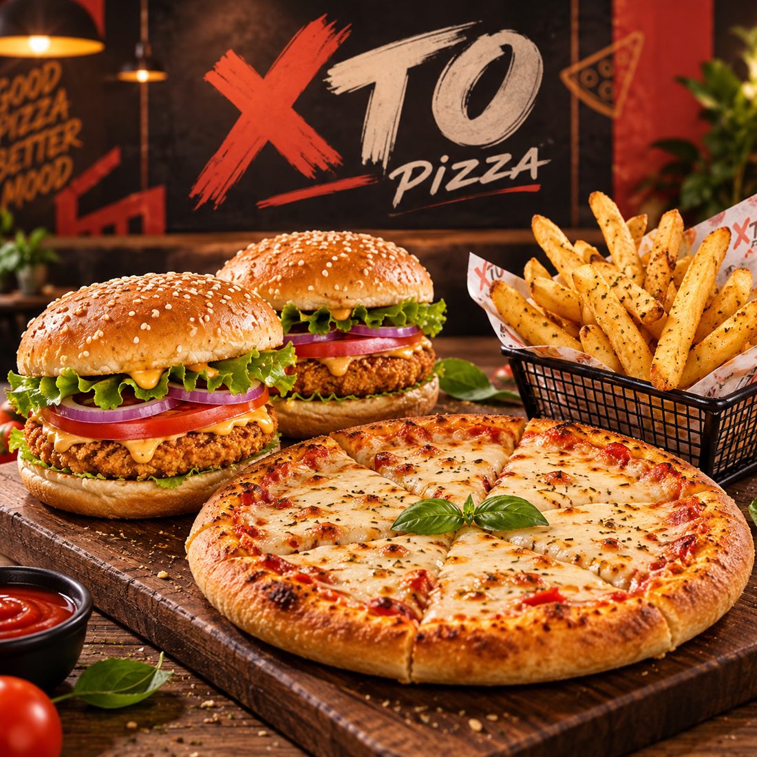 Burgers, fries and pizza