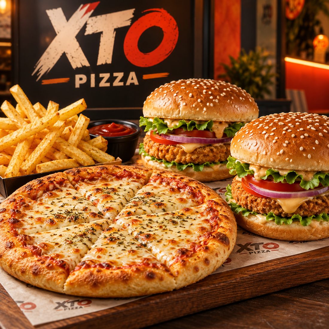 XTO Pizza veg burgers, fries and pizza