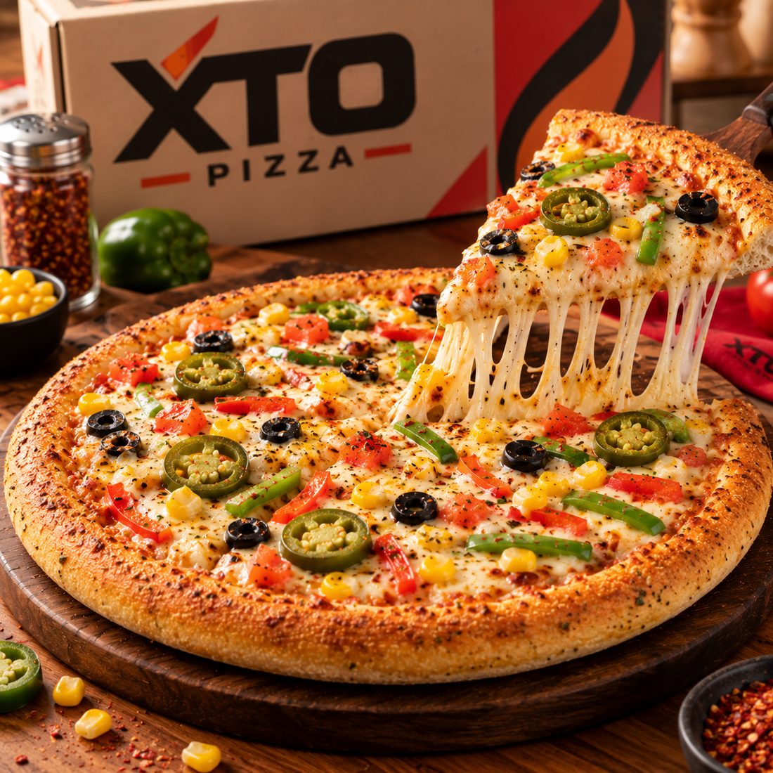 XTO veggie pizza with a long cheese pull